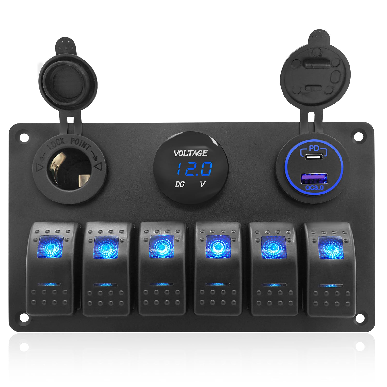 6 Gang Boat Rocker Switch Panel - Red Digital Voltmeter Display